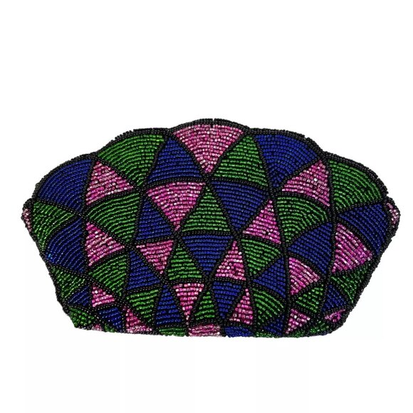 Vintage 80's Neiman Marcus Hand Beaded Shell Shaped Geometric Clutch With Zipper - Picture 2 of 11